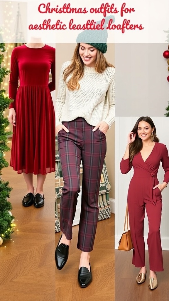 Stylish Christmas Outfits with Aesthetic Loafers Collage of Christmas outfits with aesthetic loafers in festive settings.